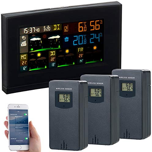 infactory Außenthermometer: WLAN-Funk-Wetterstation mit 3 Außensensoren, Farbdisplay, Uhr und App (WLAN Thermometer Gewächshaus, Thermometer Outdoor, Temperatursensor wasserdicht)