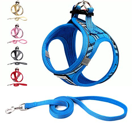 Suredoo Hundegeschirr Kleine Hunde mit Leine, Anti Zug Geschirr Reflektierend Atmungsaktiv Brustgeschirr, Welpengeschirr für Kleine Hunde (Blau Kariert, M, Brust: 34-39cm)