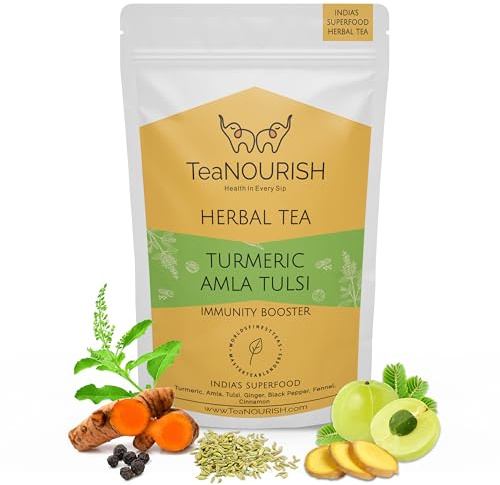 TeaNOURISH Turmeric Amla Tulsi Herbal Tea | CAFFEINE-FREE | Blended with Ginger, Blueberry, Cinnamon & Stevia | Improves Hair Growth, Supports Immunity - 3.53oz/100g