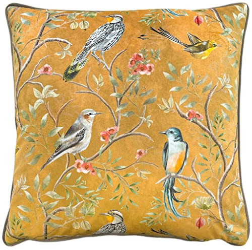 furn. Wylder Tropics Orient Cushion Cover – Velvet Chinoiserie Birds Floral Design (Gold – 43 x 43 cm)