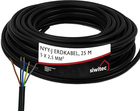 siwitec NYY-Kabel, NYY-J 5x2,5 mm², 25 m, Erdkabel, Installationskabel, Erdleitung, Kabelring - Made in Germany