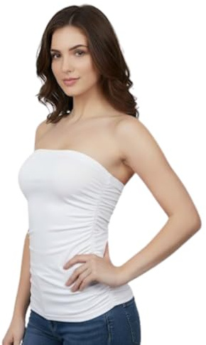 LUXFAB Women's Strapless Bandeau Top - Side Ruched Sleeveless Vest | Summer Boob Tube | Stretchy Casual & Party Wear | UK Sizes 8-26 Girls Top for Summer White