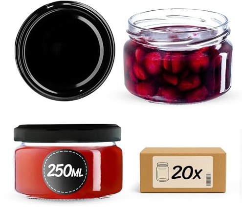 KADAX Set di 20 barattoli per marmellata, 250 ml, con coperchio Twist-Off fi82, ermetici e lavabili in lavastoviglie, in vetro spesso, scelta di tappi a vite, neri