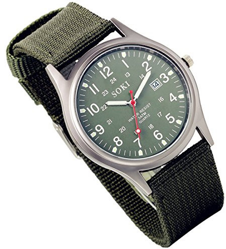 Silverora Uhren Herren Militäruhr Nylon: Große Einfach Zifferblatt Analoge Quarz Armbanduhr Datum Kalender Armbanduhren Länge Nylonarmband Uhr mit Stark leuchtende Zeiger Geschenke für Männer Grün