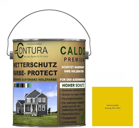 Contura Wetterschutzfarbe 500ml. Holz Dauerschutzfarbe Deckend Buntlack Holzfarbe Holzlasur Seidenmatt (Sommergelb - RAL1023 Analog)