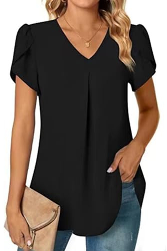 SHEKINI Damblus sommar elegant v-ringad skjorta damer kortärmad tunika skjorta topp flytande volangärmar chiffong toppar lediga blusar, svart, S