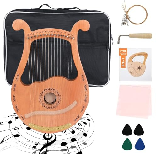 Lyre Harp, 16 Strings Mahogany Wood Lyre Harp with Extra Strings, Picks, Tuning Lever, Black Gig Bag, Beginner's Manual for Lyre