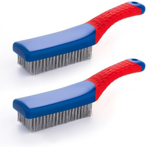 Wire Brushes 2 Pcs Steel Brushes Heavy Duty Carbon Steel and Stainless Steel Wire Scratch Brush with Rubber Ergonomic Handle (16x3.5cm)