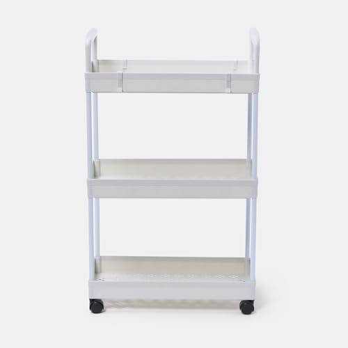 OHS Storage Cart 3 Layer Trolley Cart, Storage Organizer Durable Steel Frame Rolling Portable 3 Tier Trolley On Wheels For Office Kitchen Bathroom or Home, White