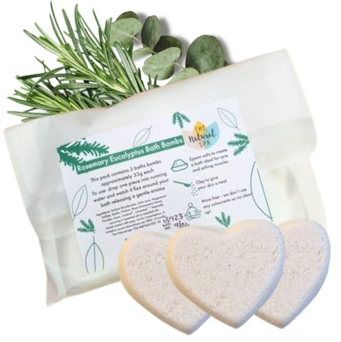 Natural Essential Oil Bath Bombs, Vegan Aromatherapy with Epsom Salts, Clay, No Colourants - Pack of 3 (Rosemary Eucalyptus)