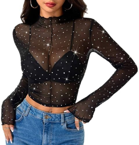 SamHeng Transparente Top de Malla para Mujer, Sexy Top de Lentejuelas Camiseta de Manga Larga Brillante Slim Fit T-Shirt de Cuello Alto Sheer Camisa de Blusa Casual Crop Tops Streetwear (M)