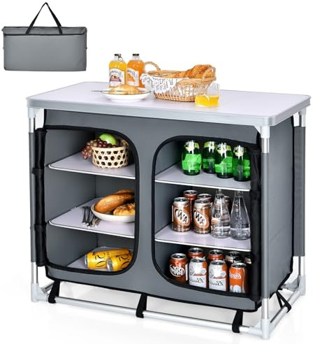 GYMAX Meuble Rangement Cuisine de Camping, Placard à 6 Compartiments avec Housse, Table Spacieuse, Portable avec Sac de Transport, pour Barbecue Jardin Plage PiqueNique Extérieur Intérieur