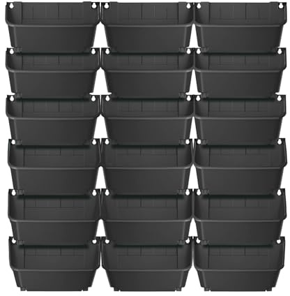 Set di 18 vasi da parete verticali rettangolari con sistema di irrigazione a goccia, da 350 ml, da 70 kg, da giardino a parete, 33 x 14 x 18,5 cm, per balcone, giardino, colore nero