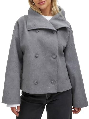 utcoco Women's Cropped Peacoat Double Breasted Lapel Short Wool Blend Winter Jacket Overcoat (Small, Grey)