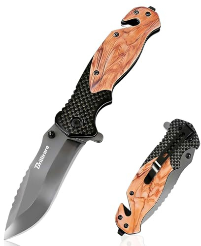 Brillirare Cuchillo de bolsillo, cuchillos de madera plegable hoja 3.3in, cuchillo pequeño de supervivencia plegable con caja de cuero, cierre de apertura y botón asistido por el muelle