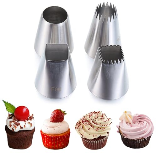 Extra Grande Boquilla de Decoración,4 PCS Boquillas de Acero Inoxidable Profesional Redondas y Cuadradas Extra Grandes para Decorar Pasteles Galletas Utensilios de Repostería