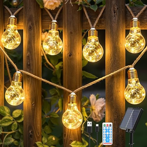 Ollny - Ghirlanda luminosa solare per esterni, 24 lampadine 12M, ghirlanda resistente alle intemperie, 8 modalità, timer, dimmerabile, USB, per giardino, balcone, terrazza, matrimonio, festa vintage
