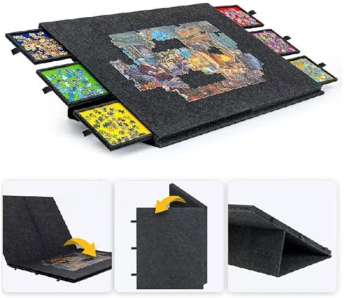 Bärbart sticksågsbord Justerbar pusselram leksak med 6 lådor förvaring med halkfri bordsskiva för upp till 1500 bitar dark grey
