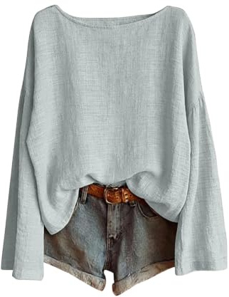 Générique Blouse Femme Manches Longues Gaze de Coton Fluide Oversize Tunique Femme Grande Taille Col Bateau Top Été Bohème Haut Décontracté Plage Uni