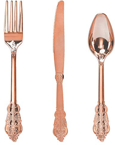 WDF-300 Pieces Rose Gold Plastic Silverware- Disposable Flatware -Heavyweight Plastic Cutlery- Includes 100 Forks, 100 Spoons, 100 Knives for Wedding/Parties/Mother's Day