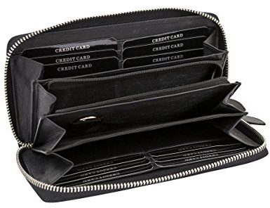 Große Vollleder Damen Geldbörse mit RFID Schutz Reißverschluss rundherum Damenlangbörse Portemonnaie Brieftasche lang LEAS in Echt-Leder, schwarz 19,5x9,5x2cm (BxHxT)