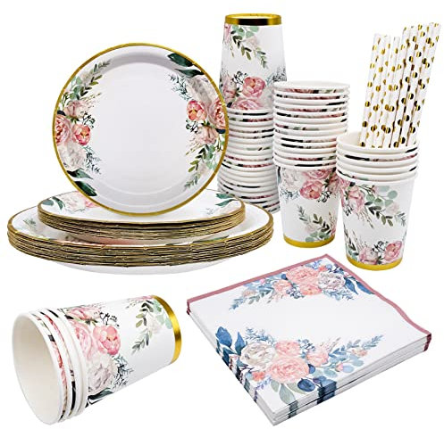 Floral Party Tableware for Girls 80 Pcs Disposable Party Dinnerware Set Including Flower Plates Cups Napkins Straws Ideal for Afternoon Tea Party Birthday Baby Shower Wedding Anniversary(20 Guests)