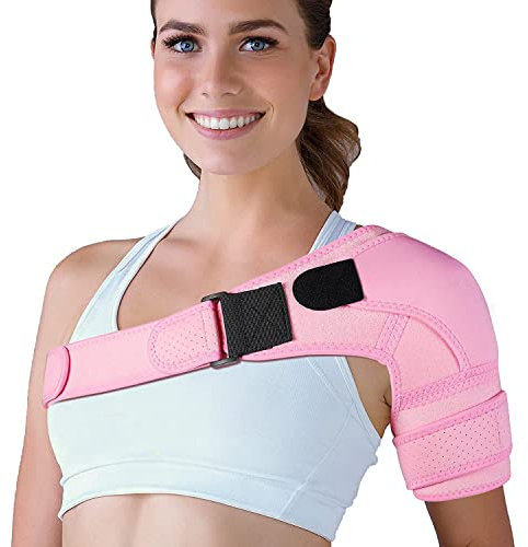 Tutore Spalla per Destra e Sinistra, Benda Regolabile Neoprene Sostegno Spalla per la prevenzione degli infortuni, articolazione AC dislocata, dolore alla spalla congelato, Uomini e Donne, Rosa-L