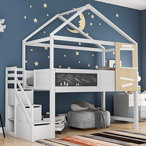 LATICO Kinderbett 90x200 Etagenbett, Baumhaus Hochbett mit Treppe, Hausbett Holzbett mit Rausfallschutz und Lattenrost, Einzelbett für Kinder mit 3 Schubladen，Holz Bettgestell, ohne Matratze, Weiß