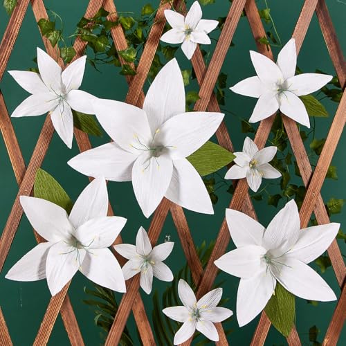 EASY JOY 9Pcs White Large Paper Flower Decorations 3D Paper Flowers White Lily Crepe Tissue Paper Flowers With Green Leaves for Summer Decorations Tea Garden Party Wedding Home Office Wall Decor