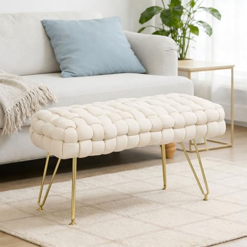 HOMCOM Banc ottoman en velours avec pieds dorés et assise rembourrée pour chambre à coucher et entrées Crème