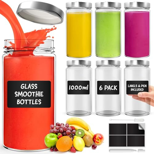 Smoothie Flasche 1000 ml – 6er-Pack, Auslaufsichere Smoothie Becher mit Deckel für luftdichten Verschluss, Trinkflaschen ideal für Smoothies, Milchshakes, Saucen, Lebensmittelaufbewahrung, Säfte, Getr