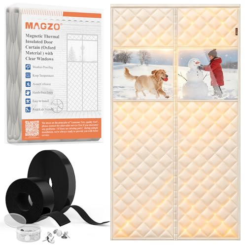 MAGZO Temperature Protection Insulated Door Curtain with Perspective Window, 34 x 82, Oxford Fill with Thicken Cotton, Insulation Cover Blanket for Winter/Cold Weather, Keep Warm in Winter, Beige