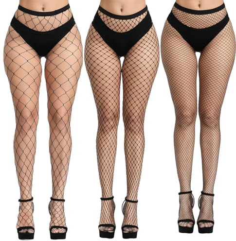 Morcheiong Lot de 3 Noir bas Résille, Collants Taille Haute pour Femme