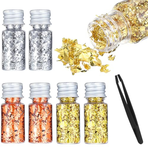 Aysatogc 6 botellas de pan de oro comestibles, hojas de oro con pinzas, decoración para tartas, comestibles, lámina dorada, copos de oro para pintura, arte de resina, estatua chapada en oro, arte de