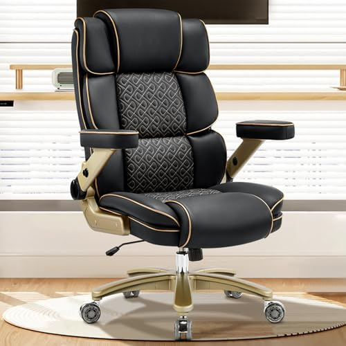 Big and Tall Bürostuhl 500lbs, Ergonomischer Chefsessel aus Leder mit Komfortsitz, 5D Armlehnen, Verstellbarer Lendenstütze, Hoher Rücken, Großer Drehstuhl für Home Office, Schwarz