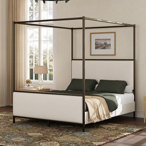 Christopher Knight Home Morgan Canopy Bed Frame Queen Size with Headboard, 4 Poster Platform Queen Bed Frame with Linen Upholstered Headboard, Wood Slat Support, No Box Spring Needed, Beige+Bronze