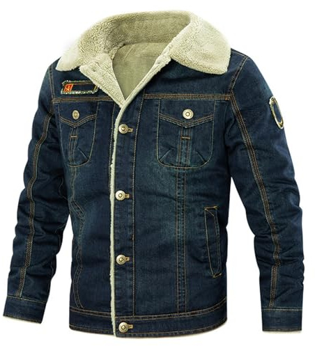 Generisch Giacca di jeans da uomo con pile, giacca invernale in cotone, imbottita, antivento, calda, in pile, vintage, per il tempo libero, con colletto alto, fodera in pile, da cowboy, Blu scuro, XL