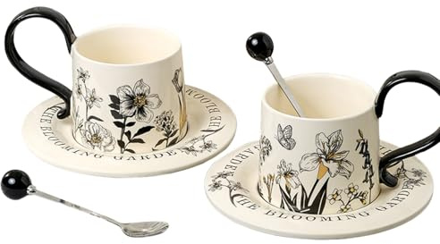 Générique Teservice, fransk retro kaffekopp, keramisk kaffekopp, blommig , med fat, kaffeservice med sked, cappuccino-lattekopp, retro te