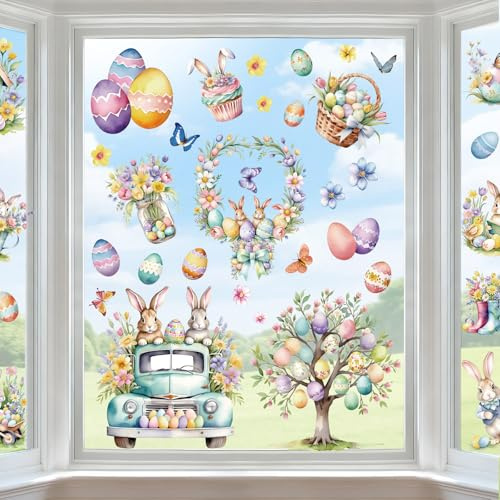 9 Sheets Easter Window Clings for Glass Windows - Watercolor Bunny & Egg Holiday Window Stickers - Spring Decorations for Home, Office & Classroom - Double-Sided Static Decals