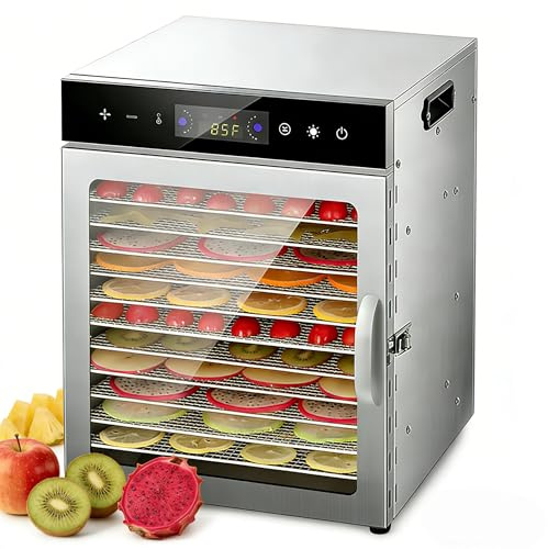Disidratatore alimentare 800 W con 12 vassoi, temperatura regolabile 30-90 ℃, timer 24 ore, include ricette, per carne, verdura e frutta