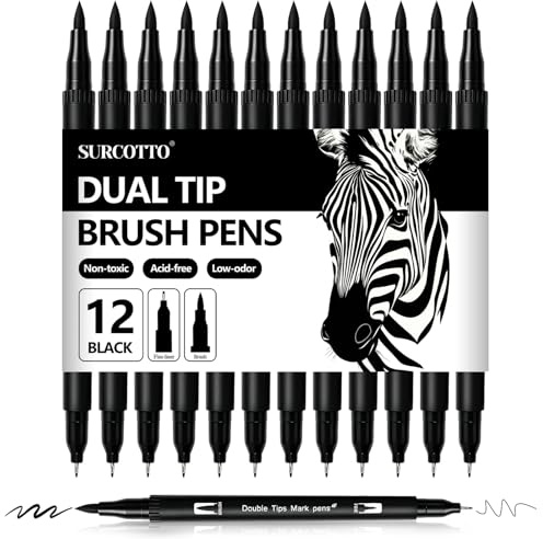 Surcotto Black Felt Tip Pens,12 Pack Black Markers Colouring Pens,Dual Tip Brush Pen, Water-Based Fineliners Markers for Adults Art Drawing Sketching Journaling Calligraphy