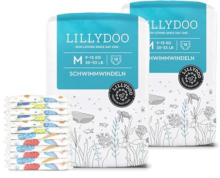 LILLYDOO - Couches de Bain Jetables, Taille M (9+ kg), 2 paquets (36 pcs) | Une protection optimale dans l'eau, douce pour la peau de bébé, avec les motifs Shell Yeah et Tiny Turtles dans 1 paquet