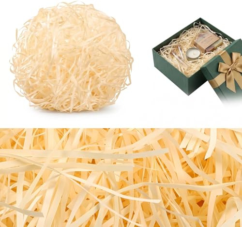 SoeUyd 300g Papier Déchiqueté, Papier Raphia Déchiqueté, Papier de Remplissage Cadeau, Couleur Champagne Clair, Convient aux Coffrets Cadeaux, Paniers Cadeaux, Offre Bonne Protection aux Cadeaux