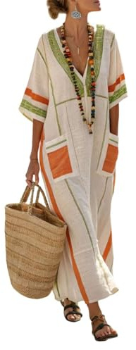 Dresses for Women UK - Summer Elegant Cotton Kaftan Boho Vintage V Neck Maxi Dress Plus Size Kaftan with Pockets Oversized Flowy Dresses Breathable Lightweight Outfit Beach Sundress (A02,M)