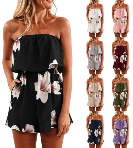 Women Summer Floral Print Jumpsuit Elegant Bandeau Rompers Strapless Off Shoulder Overalls High Waist Playsuits Ladies Wide Leg Shorts One Piece Beach Coverups Holiday Dress