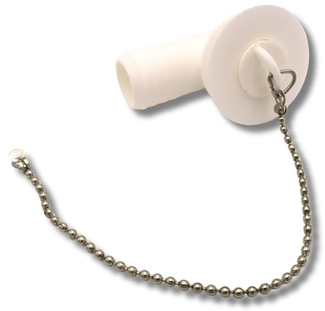 Eck-Abfluss für Spüle Camper oder Wohnwagen Abfluss 25 mm, weißer Kunststoff mit Stopfen und Kette aus Metall, Dichtung aus schwarzem Gummi