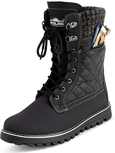 Polar Women’s Waterproof Winter Snow Boots - Fur?Lined Thermal Outdoor Boots with Memory Foam, Deep?Tread Rubber Sole & Side Pocket for Walking & Hiking - Black Leather - UK7/EU40