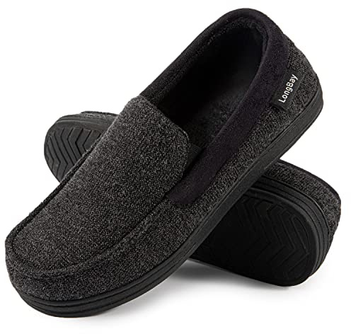 LongBay Mens Memory Foam Moccasin Slippers Plush Fleece House Slipper in Indoor Outdoor Shoes, Black 1, 10 UK