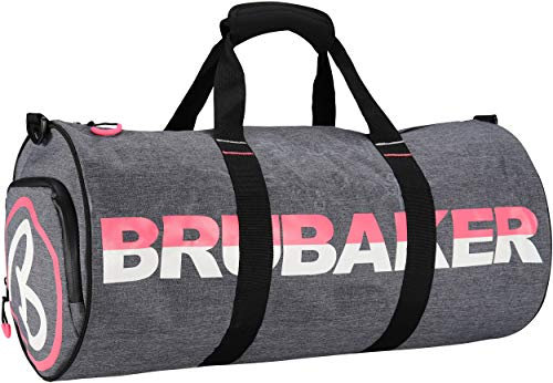 BRUBAKER Unisex Duffel Bag Sporttasche 27 L - wasserabweisend - Schuhfach + Nassfach + Abnehmbarer Schultergurt - 54 cm x 25 cm Ø - Anthrazit Grau Melange/Pink