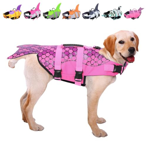 ASENKU Dog Life Jacket - Pet Safety Vest for Swimming & Boating, Shark Life Jacket with Floatation, Dog Lifesavers Swimsuits for Small Medium Large Dogs (Mermaid Pink, XL)